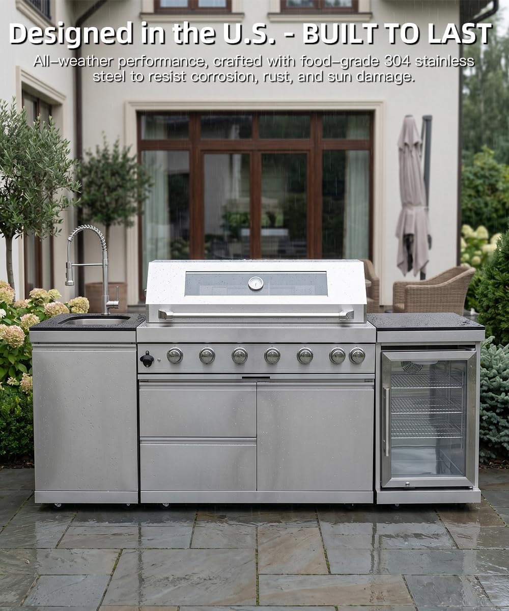 104" Outdoor Kitchen Island with Grill, Refrigerator & Rotisserie