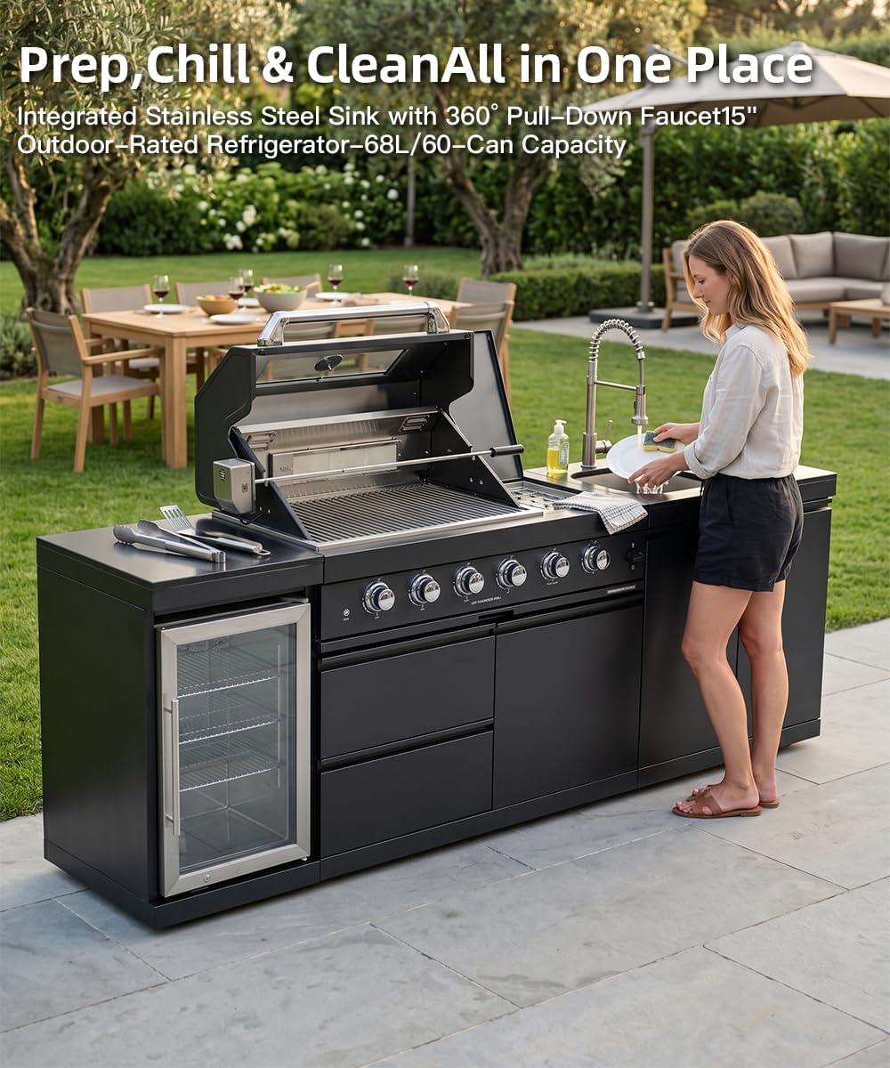 104" Outdoor Kitchen Island with Grill, Refrigerator & Rotisserie