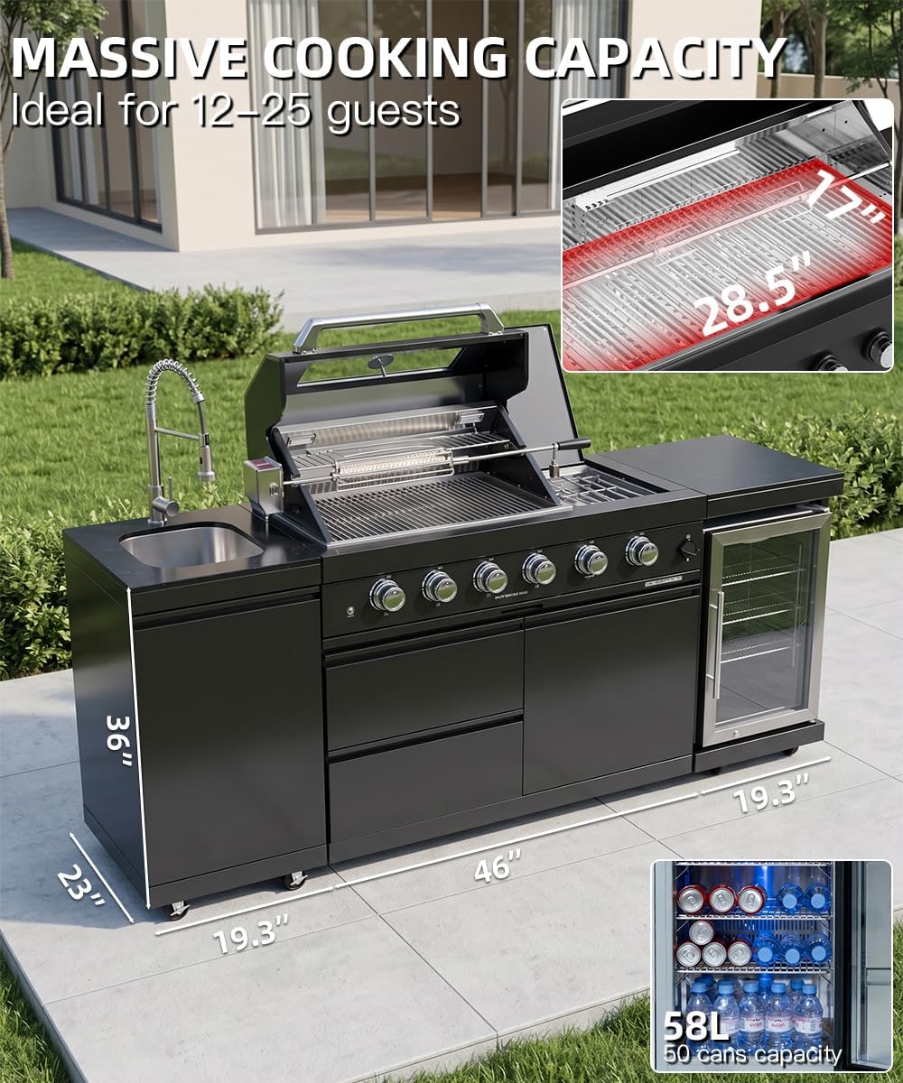 104" Outdoor Kitchen Island with Grill, Refrigerator & Rotisserie