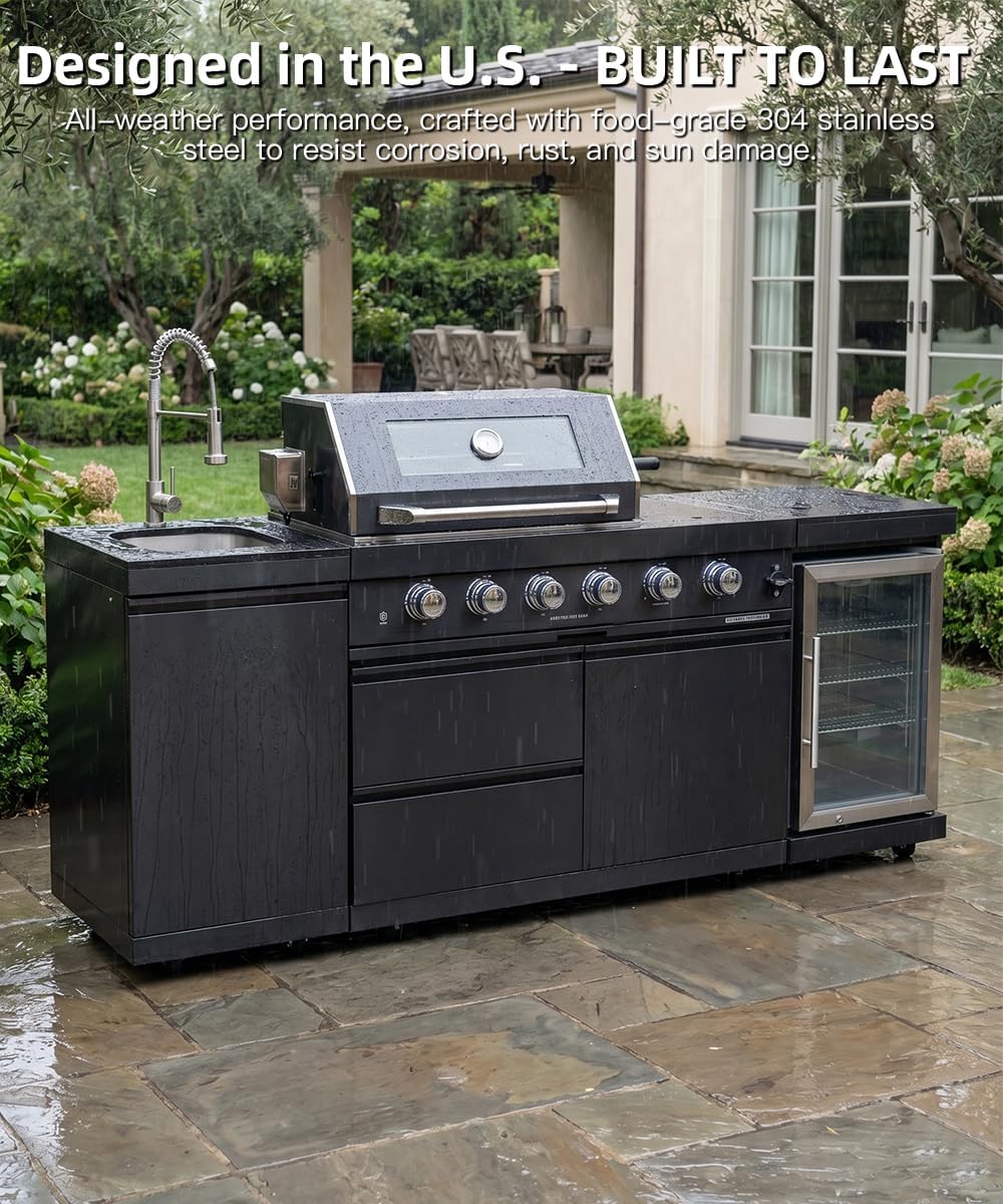 104" Outdoor Kitchen Island with Grill, Refrigerator & Rotisserie