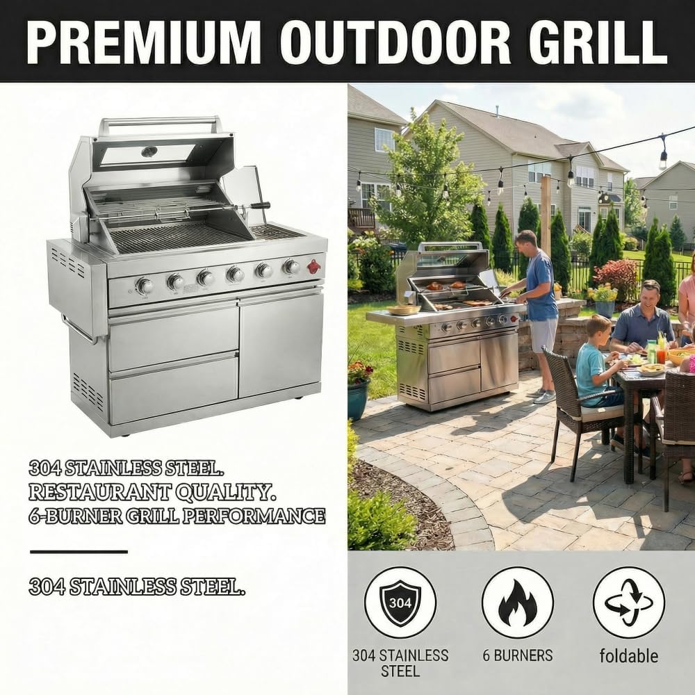 Compact BBQ Outdoor Kitchen Island with Rotisserie