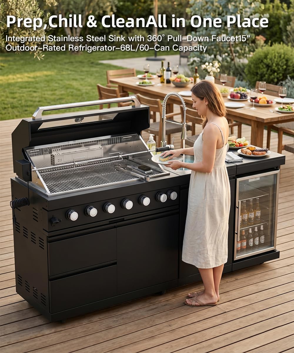 104" Outdoor Kitchen Island with Grill, Refrigerator & Rotisserie