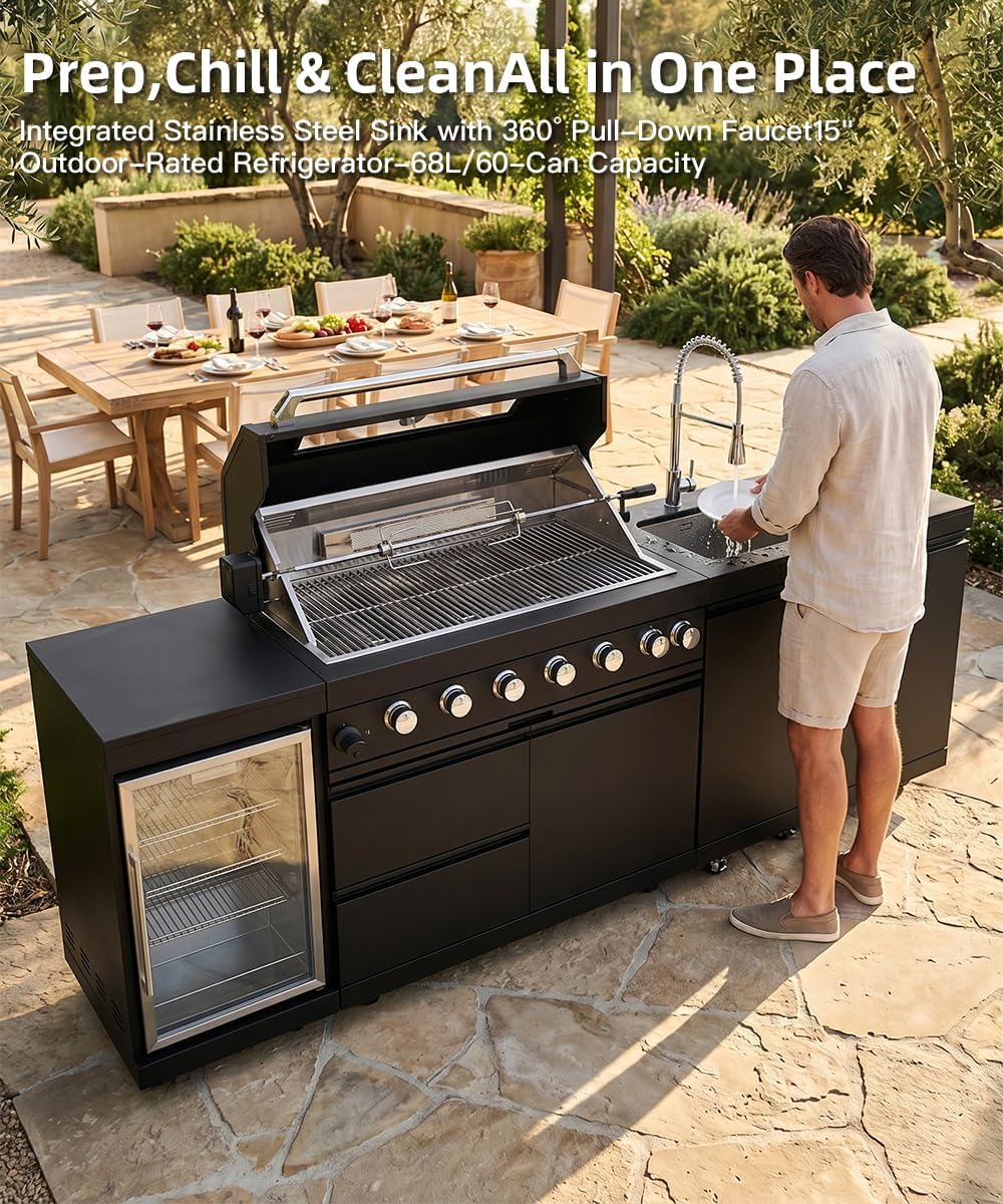 104" Outdoor Kitchen Island with Grill, Refrigerator & Rotisserie