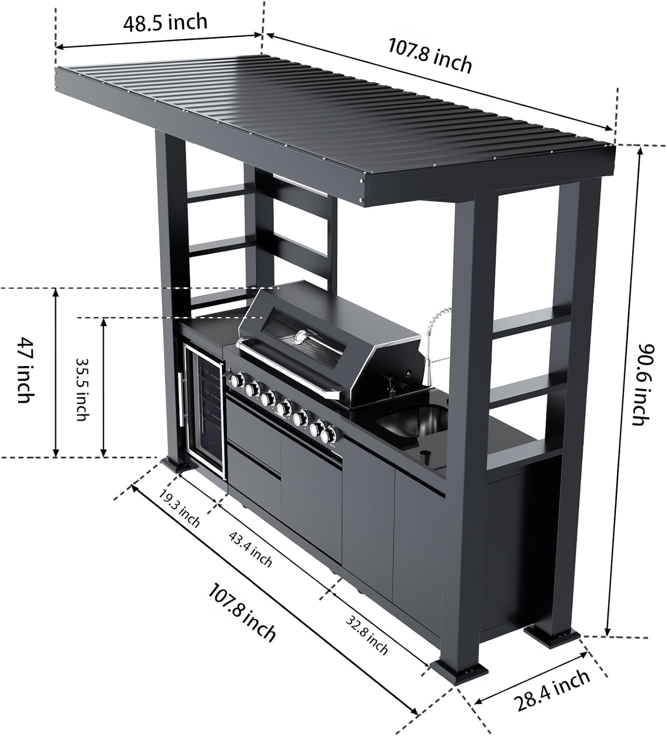 5-Burner Outdoor Kitchen Island with Refrigerator & Rotisserie