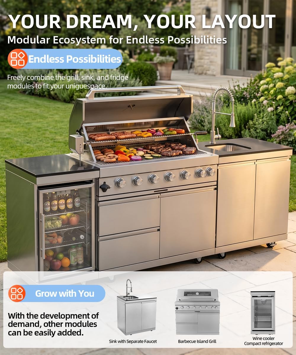 104" Outdoor Kitchen Island with Grill, Refrigerator & Rotisserie