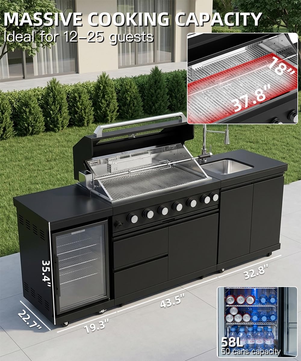 104" Outdoor Kitchen Island with Grill, Refrigerator & Rotisserie