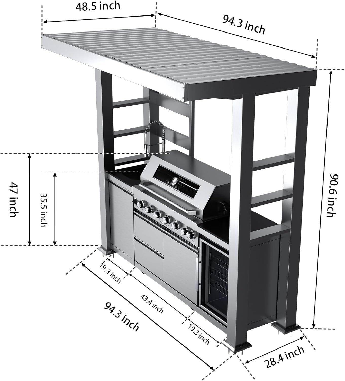 5-Burner Outdoor Kitchen Island with Refrigerator & Rotisserie