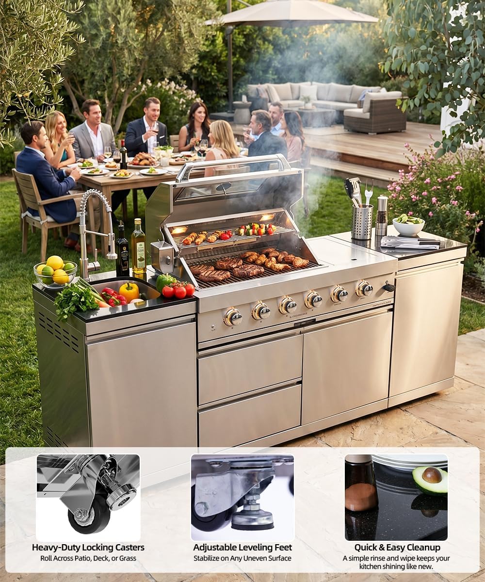 104" Outdoor Kitchen Island with Grill, Refrigerator & Rotisserie