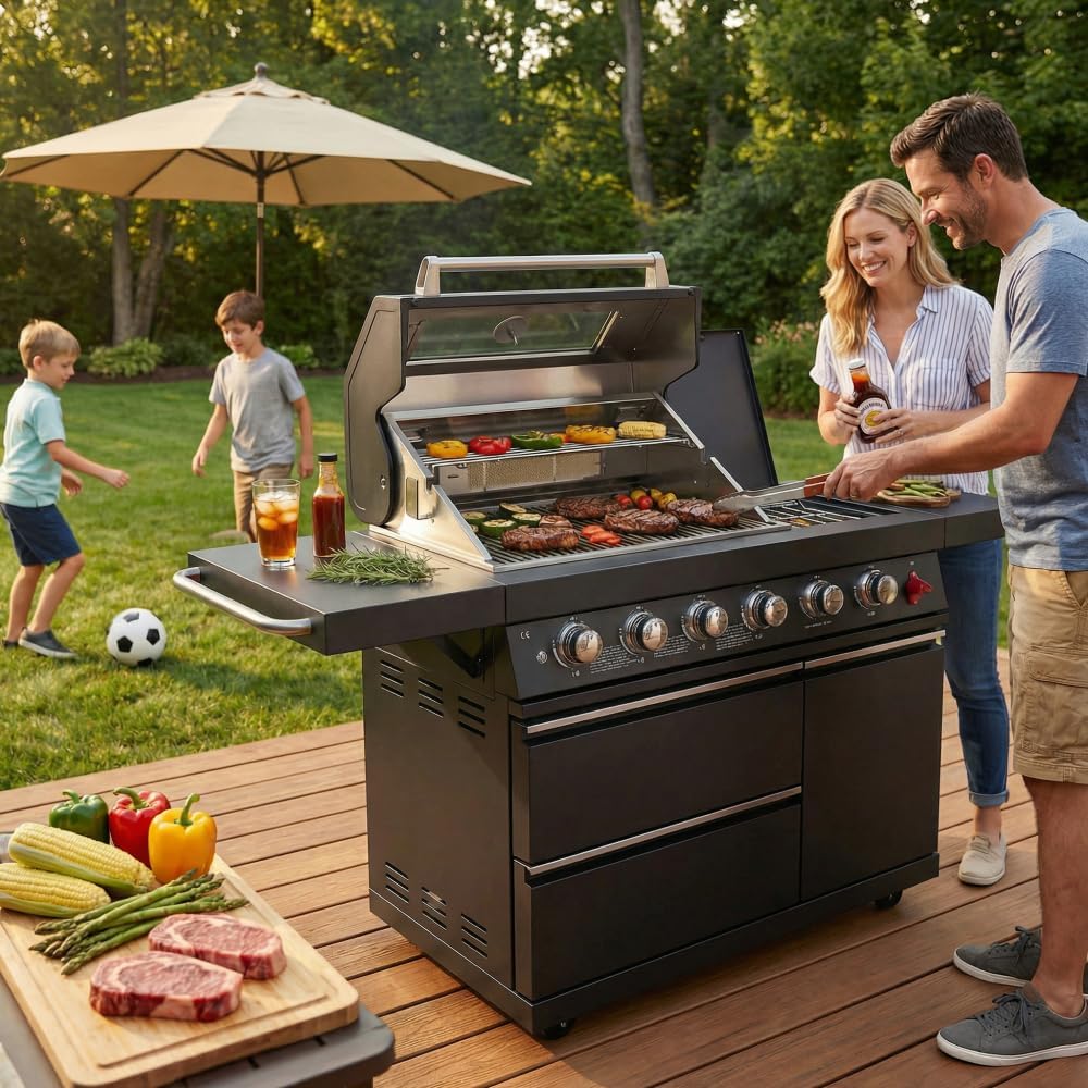 Compact BBQ Outdoor Kitchen Island with Rotisserie