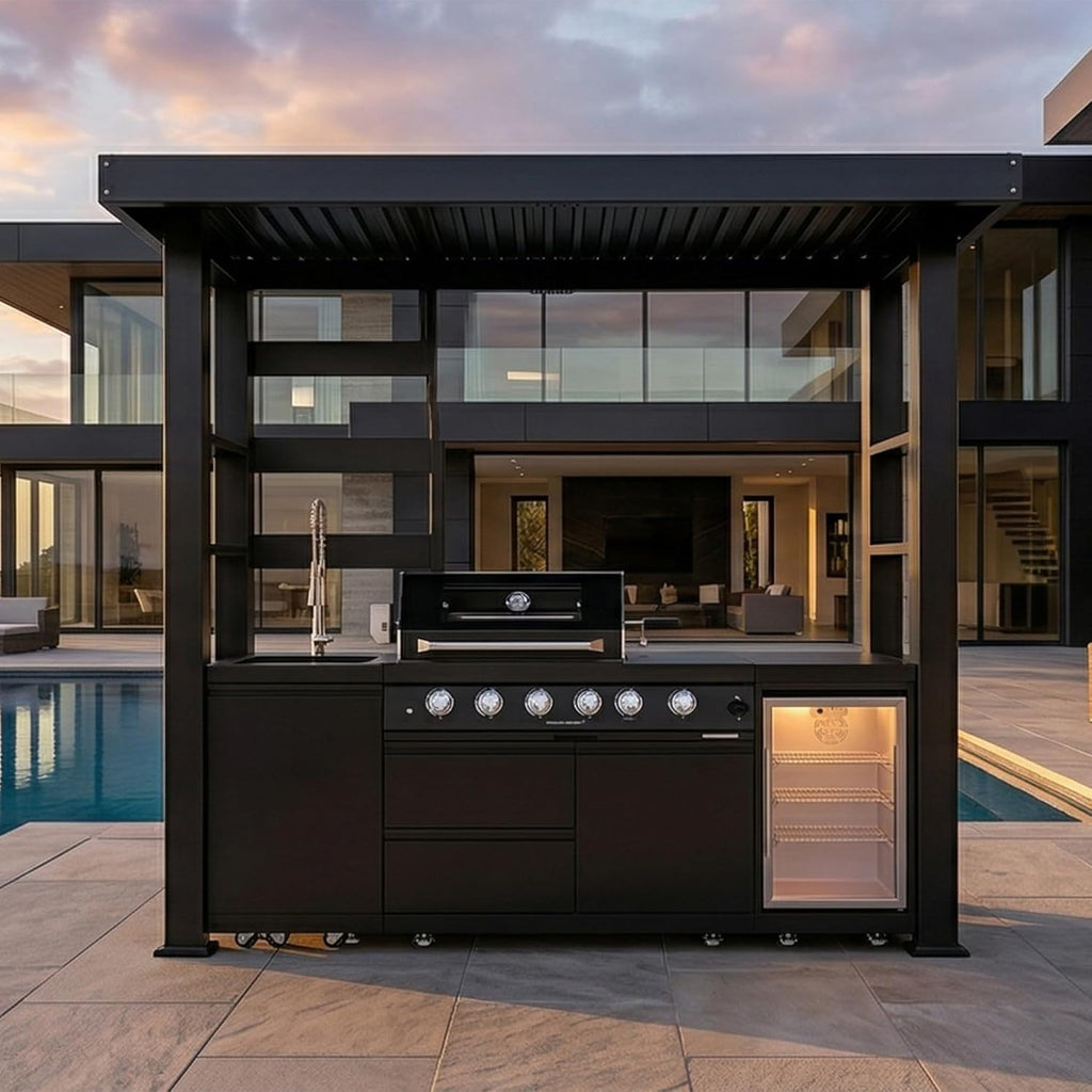 5-Burner Outdoor Kitchen Island with Refrigerator & Rotisserie