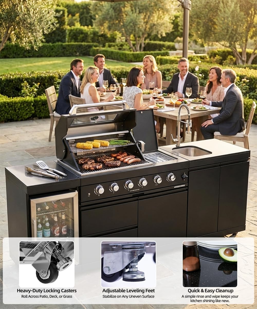 104" Outdoor Kitchen Island with Grill, Refrigerator & Rotisserie