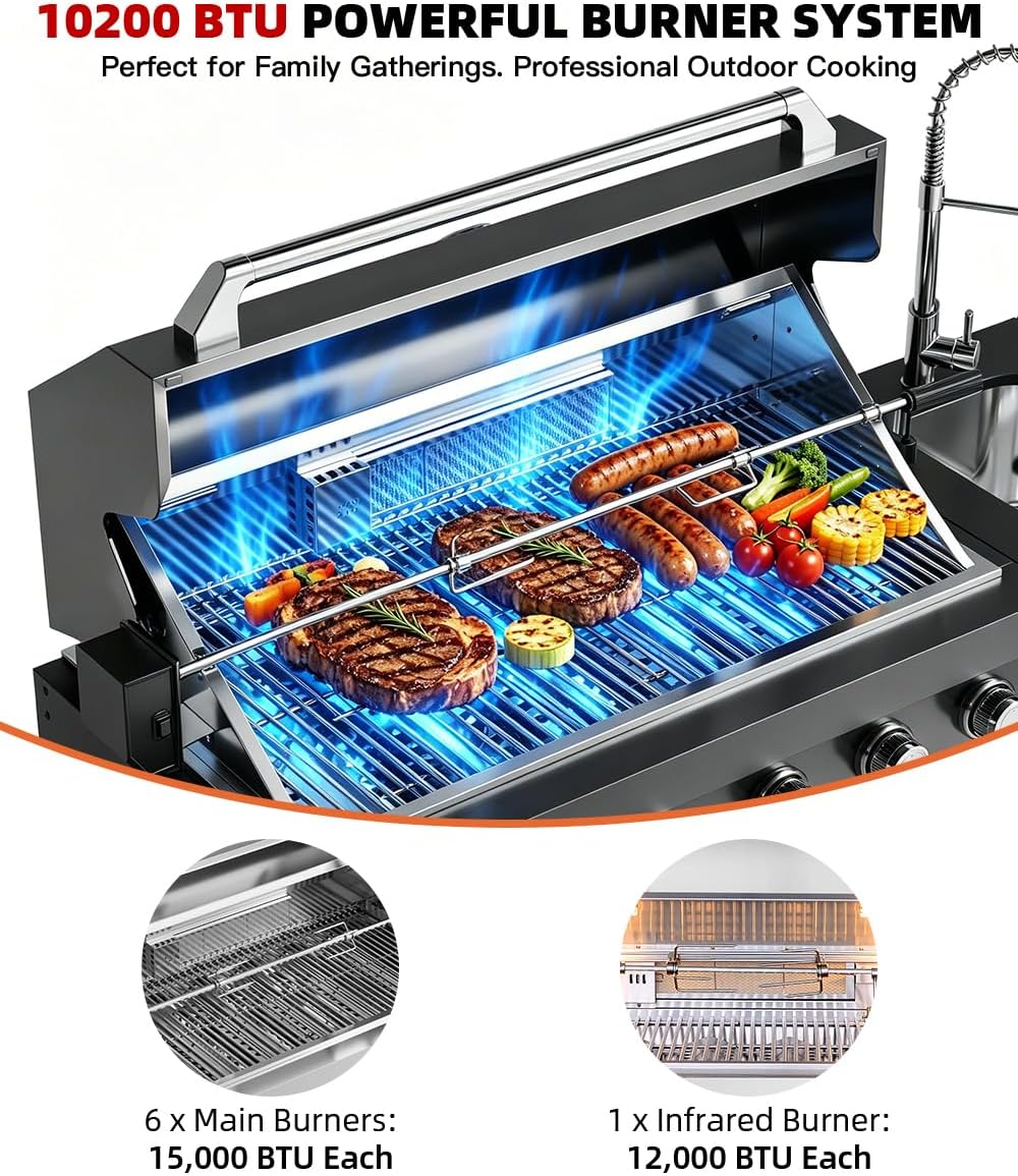 104" Outdoor Kitchen Island with Grill, Refrigerator & Rotisserie
