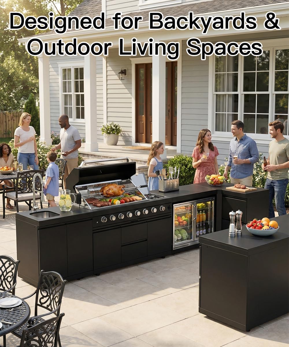 BBQ Outdoor Kitchen Island Grill Barbecue Modular Patio Kitchens Kits with Electric Rotisserie, Sink, fridge, and Burner for More than 15 People