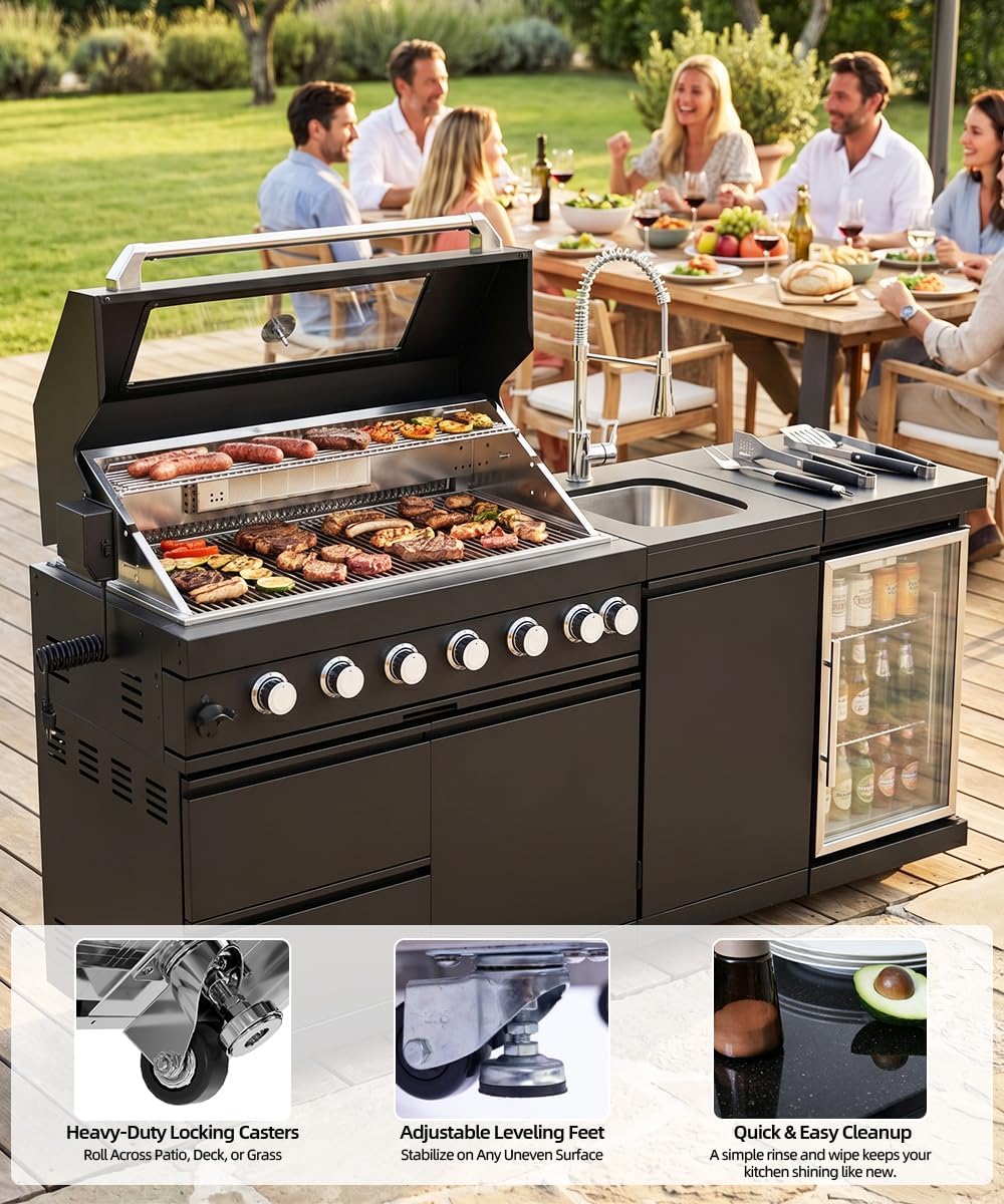 104" Outdoor Kitchen Island with Grill, Refrigerator & Rotisserie