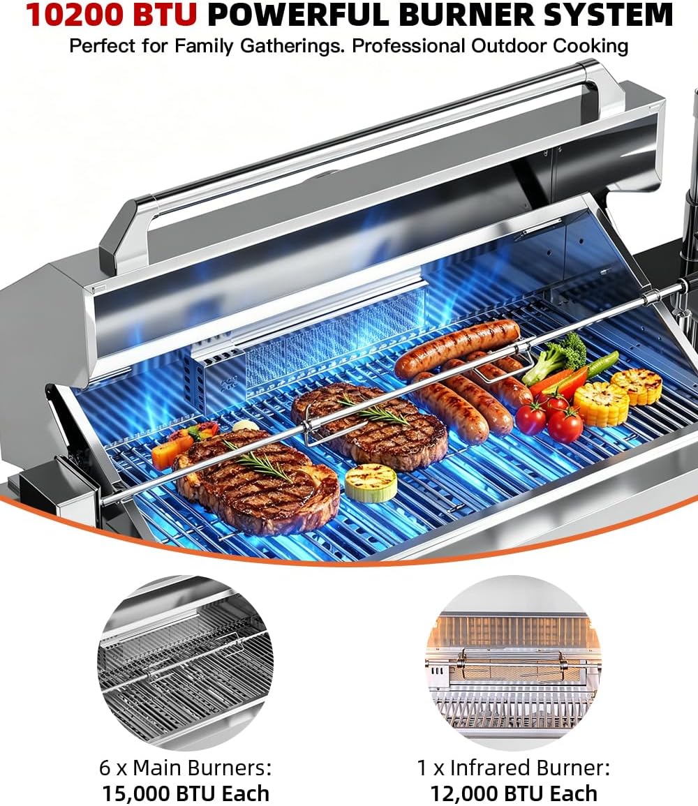 104" Outdoor Kitchen Island with Grill, Refrigerator & Rotisserie