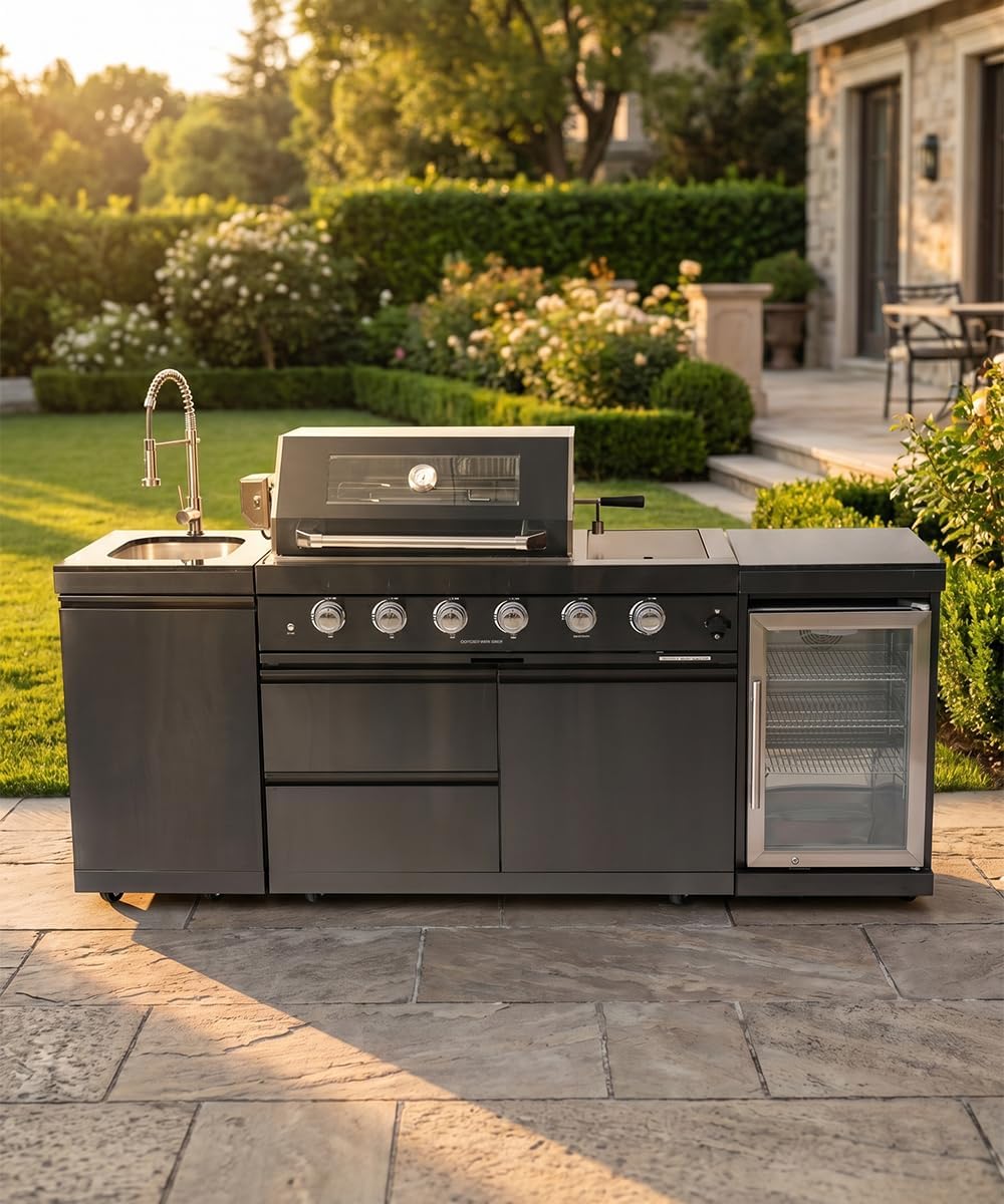 104" Outdoor Kitchen Island with Grill, Refrigerator & Rotisserie