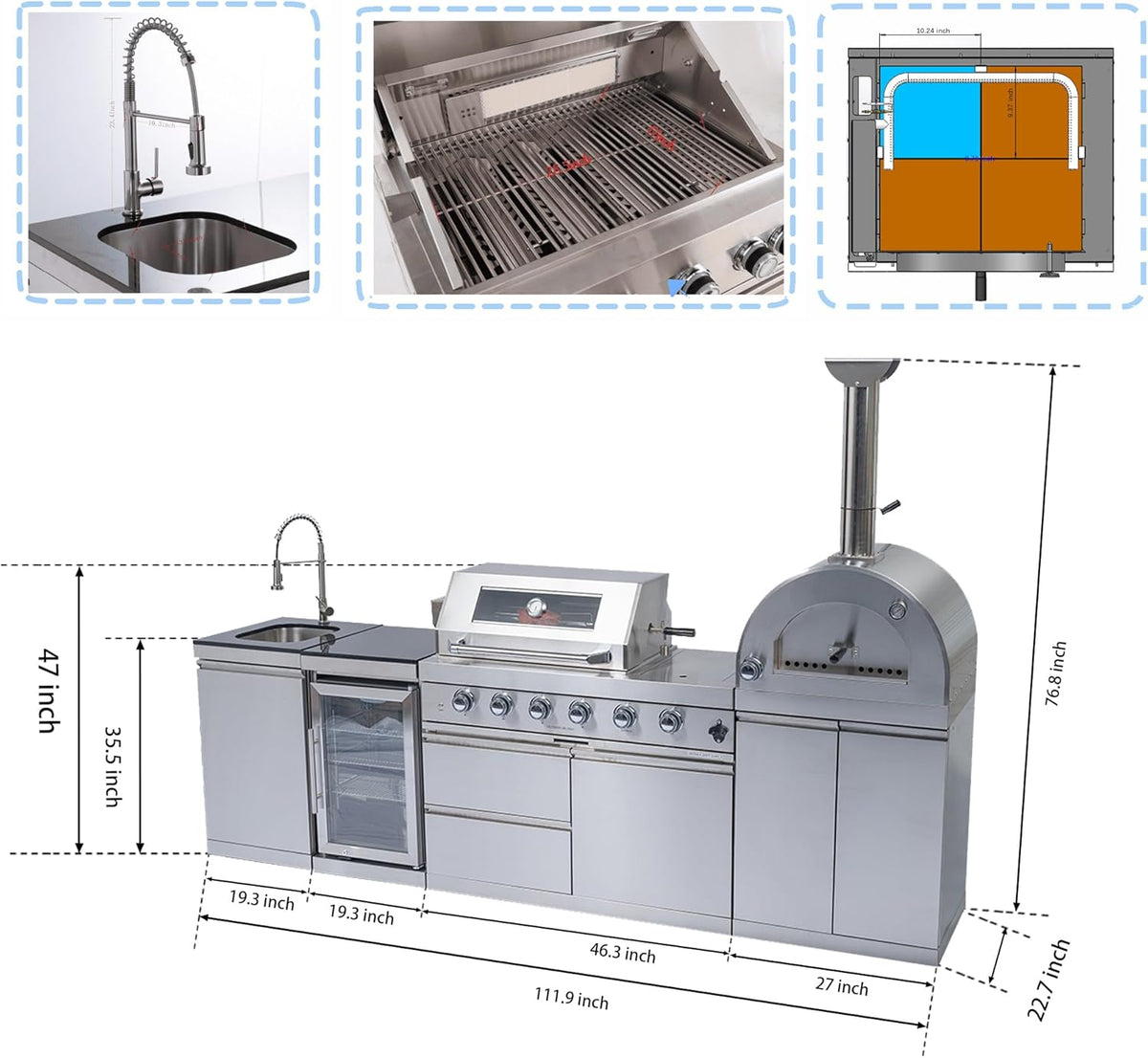 112" Outdoor Kitchen Island Kit with Pizza Oven & Refrigerator