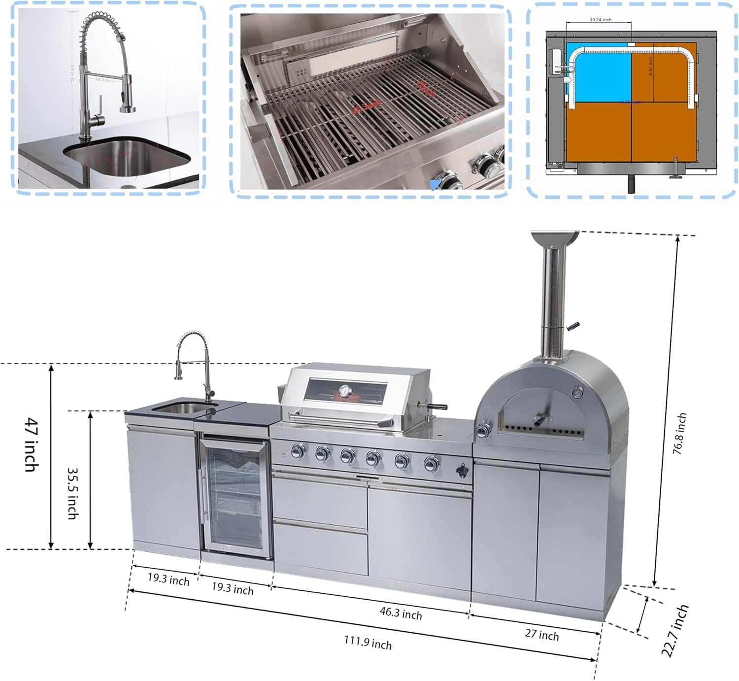 112" Outdoor Kitchen Island Kit with Pizza Oven & Refrigerator