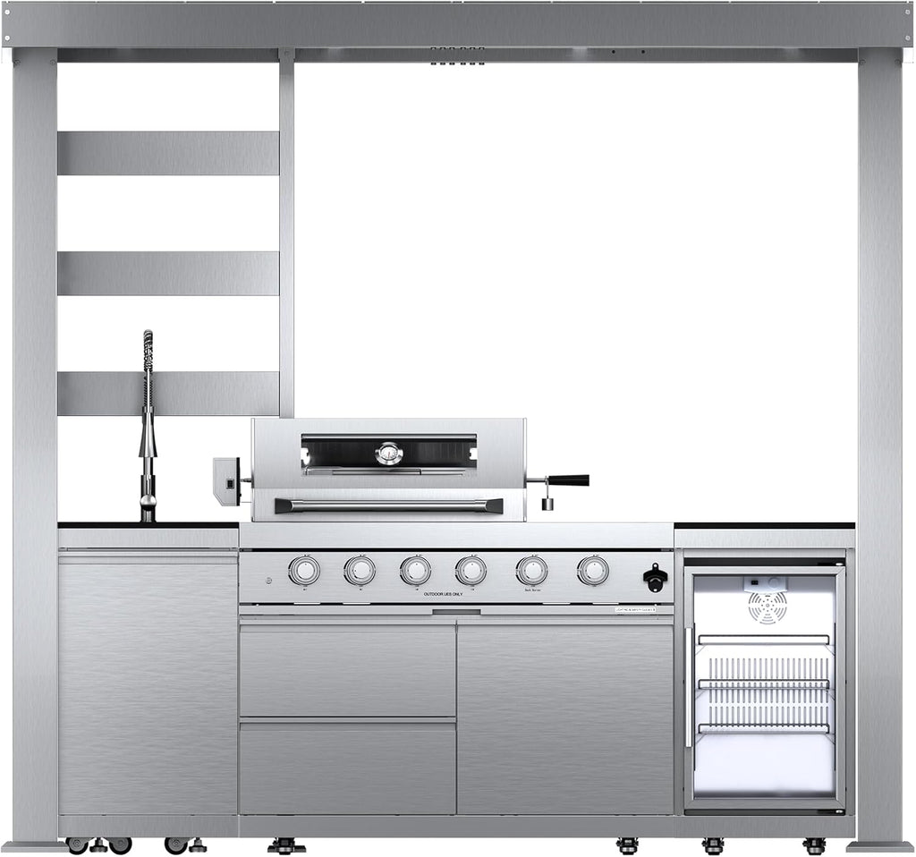 5-Burner Outdoor Kitchen Island with Refrigerator & Rotisserie