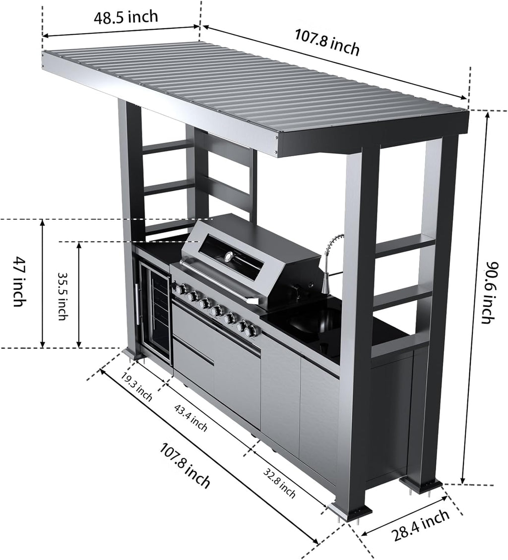 5-Burner Outdoor Kitchen Island with Refrigerator & Rotisserie