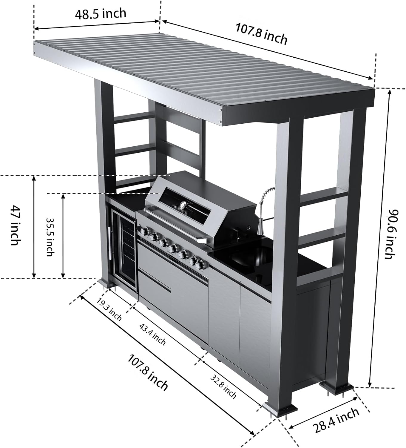 5-Burner Outdoor Kitchen Island with Refrigerator & Rotisserie