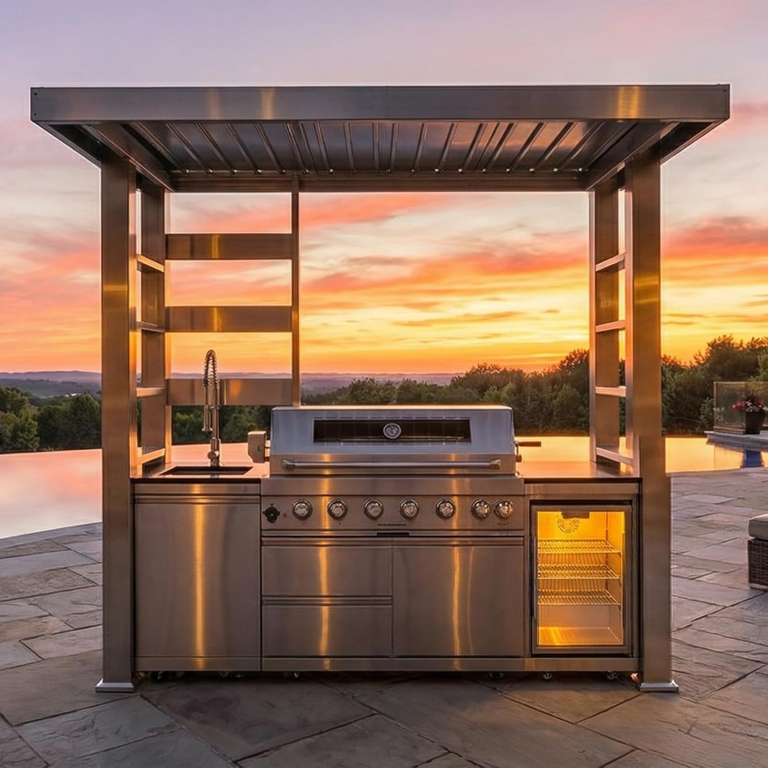5-Burner Outdoor Kitchen Island with Refrigerator & Rotisserie