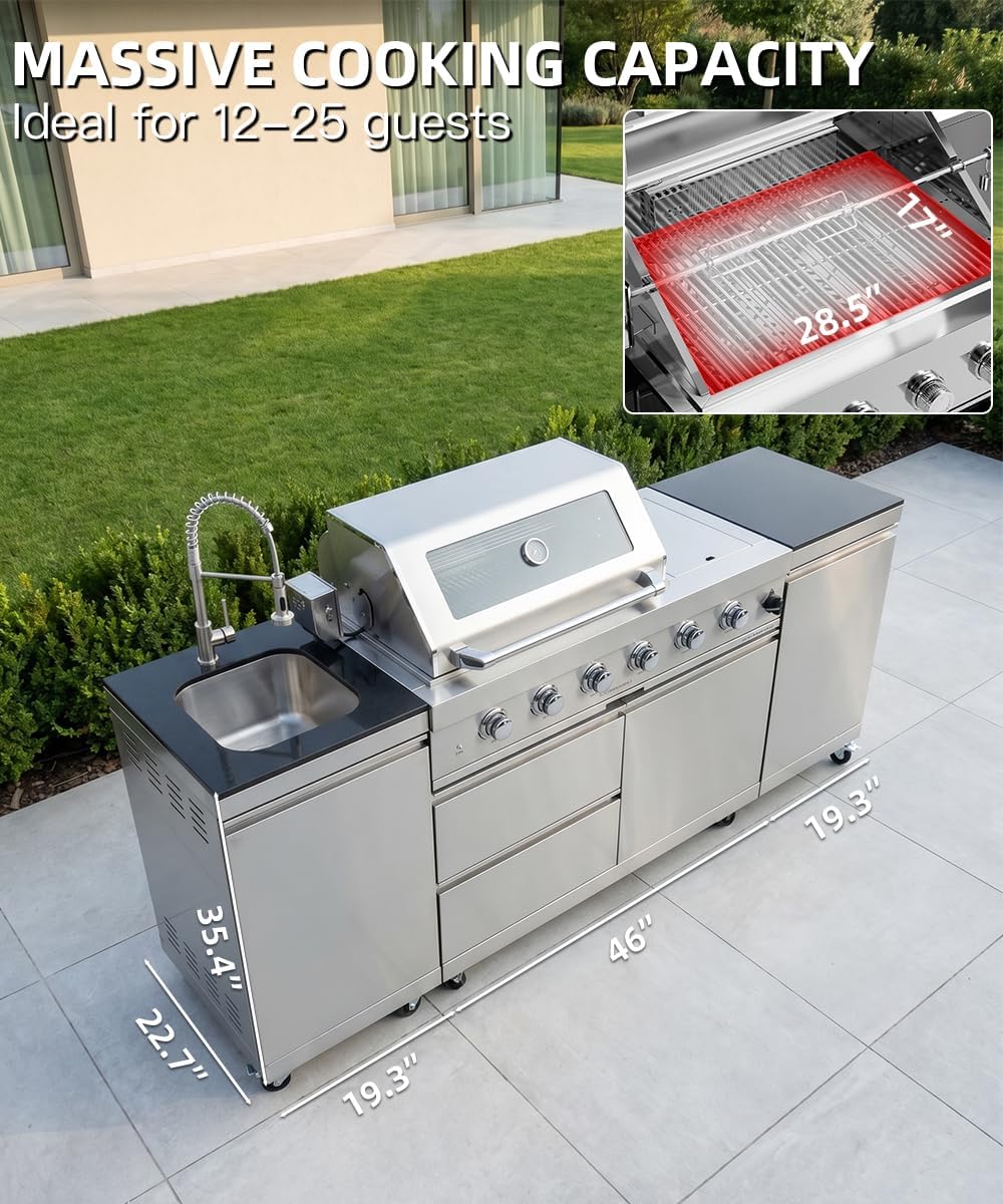 104" Outdoor Kitchen Island with Grill, Refrigerator & Rotisserie