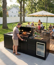 BBQ Outdoor Kitchen Island Grill Barbecue Modular Patio Kitchens Kits with Electric Rotisserie, Sink, fridge, and Burner for More than 15 People