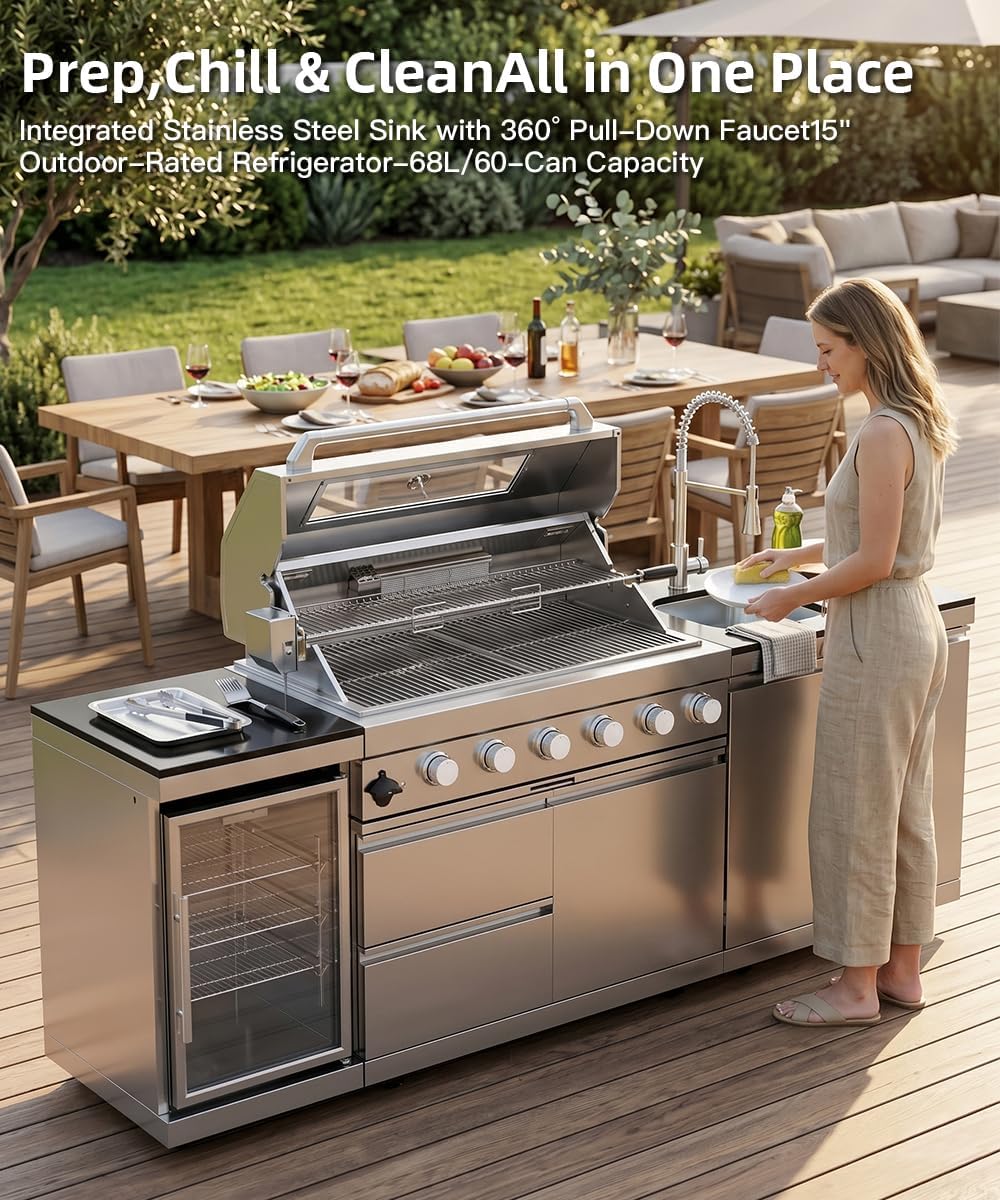 104" Outdoor Kitchen Island with Grill, Refrigerator & Rotisserie