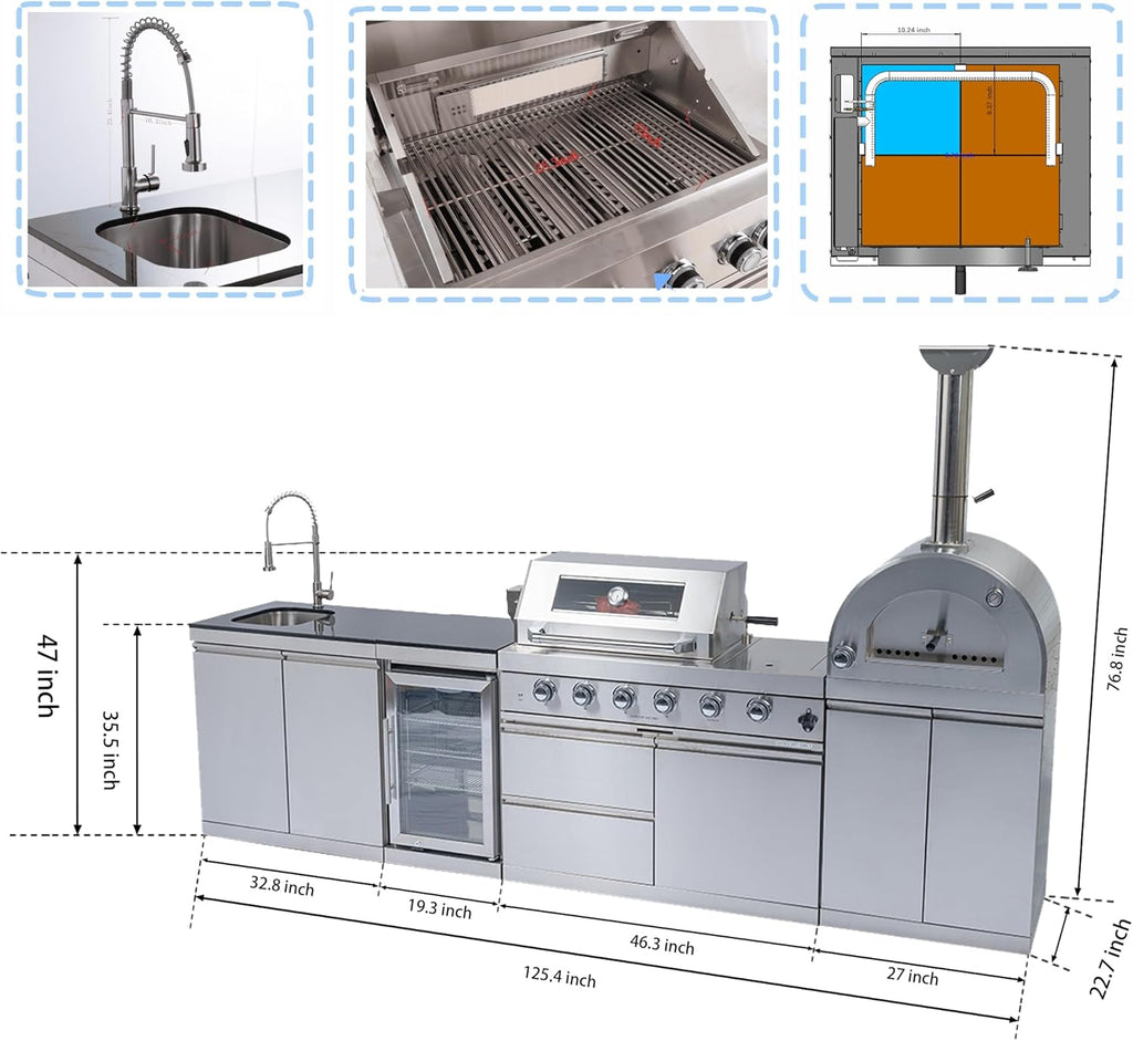 112" Outdoor Kitchen Island Kit with Pizza Oven & Refrigerator