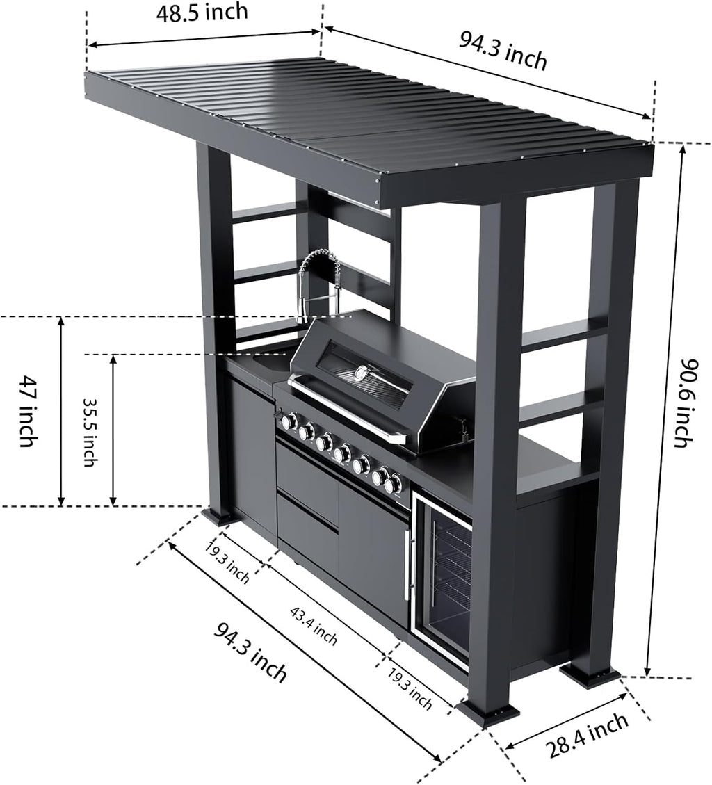 5-Burner Outdoor Kitchen Island with Refrigerator & Rotisserie