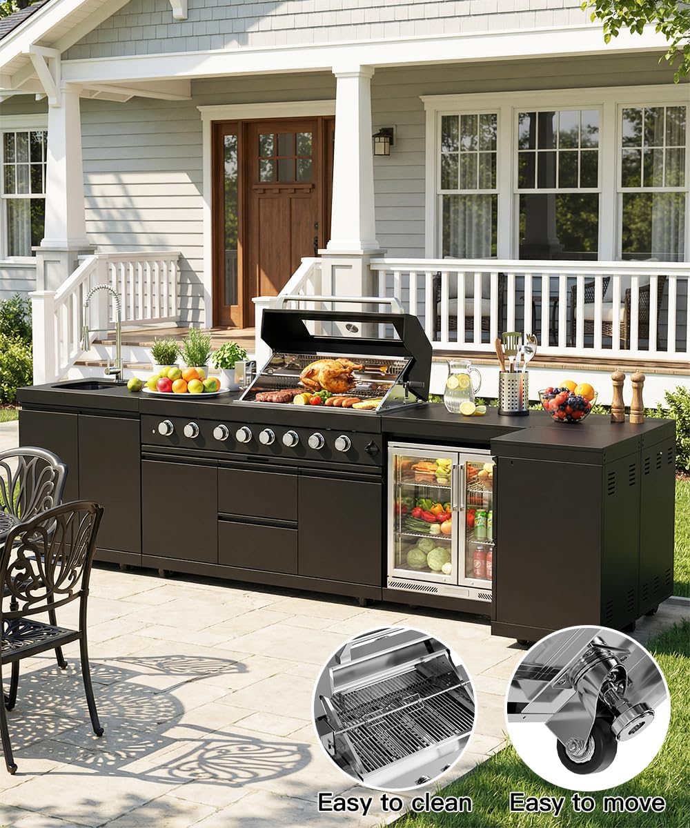 BBQ Outdoor Kitchen Island Grill Barbecue Modular Patio Kitchens Kits with Electric Rotisserie, Sink, fridge, and Burner for More than 15 People