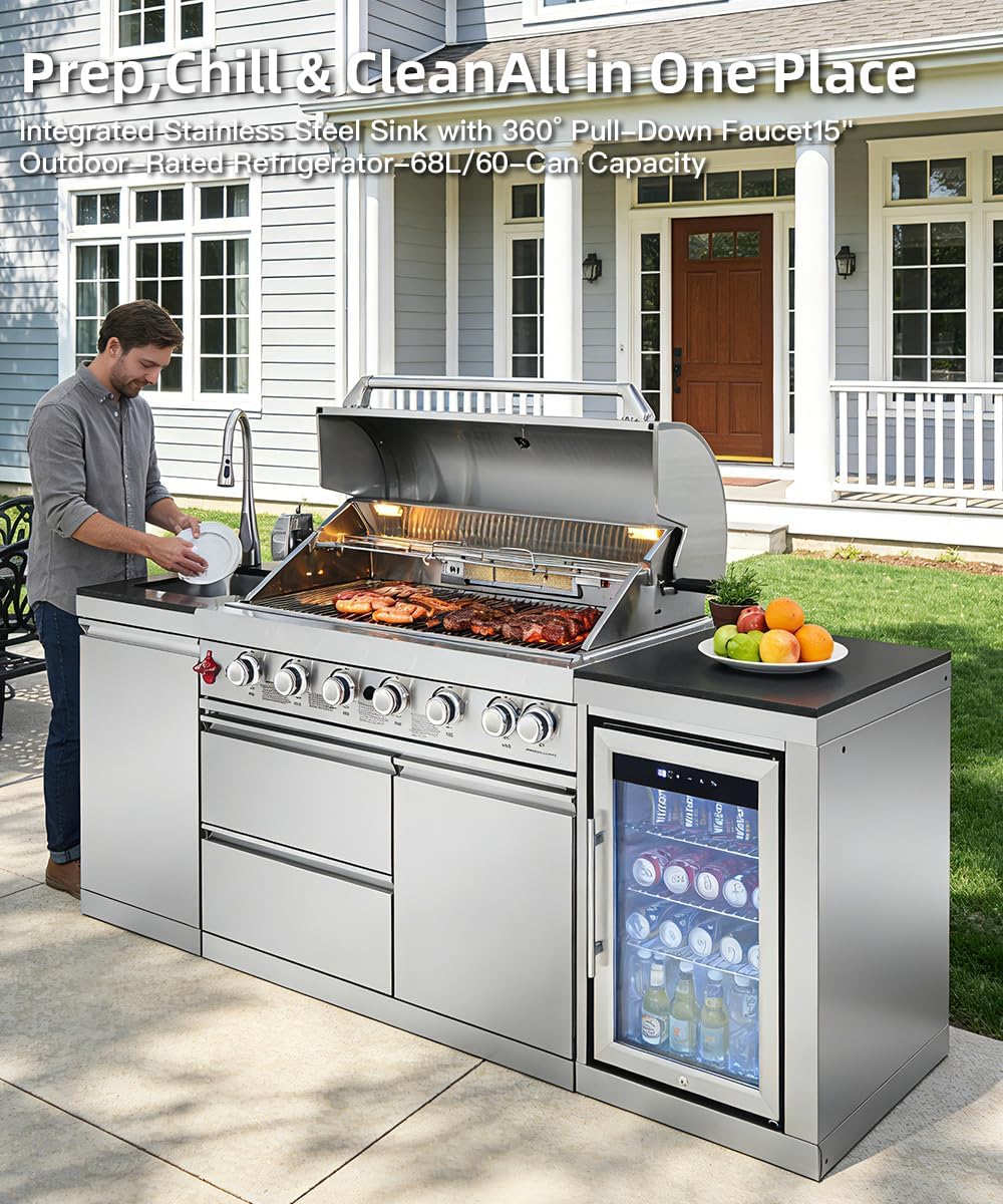 104" Outdoor Kitchen Island with Grill, Refrigerator & Rotisserie