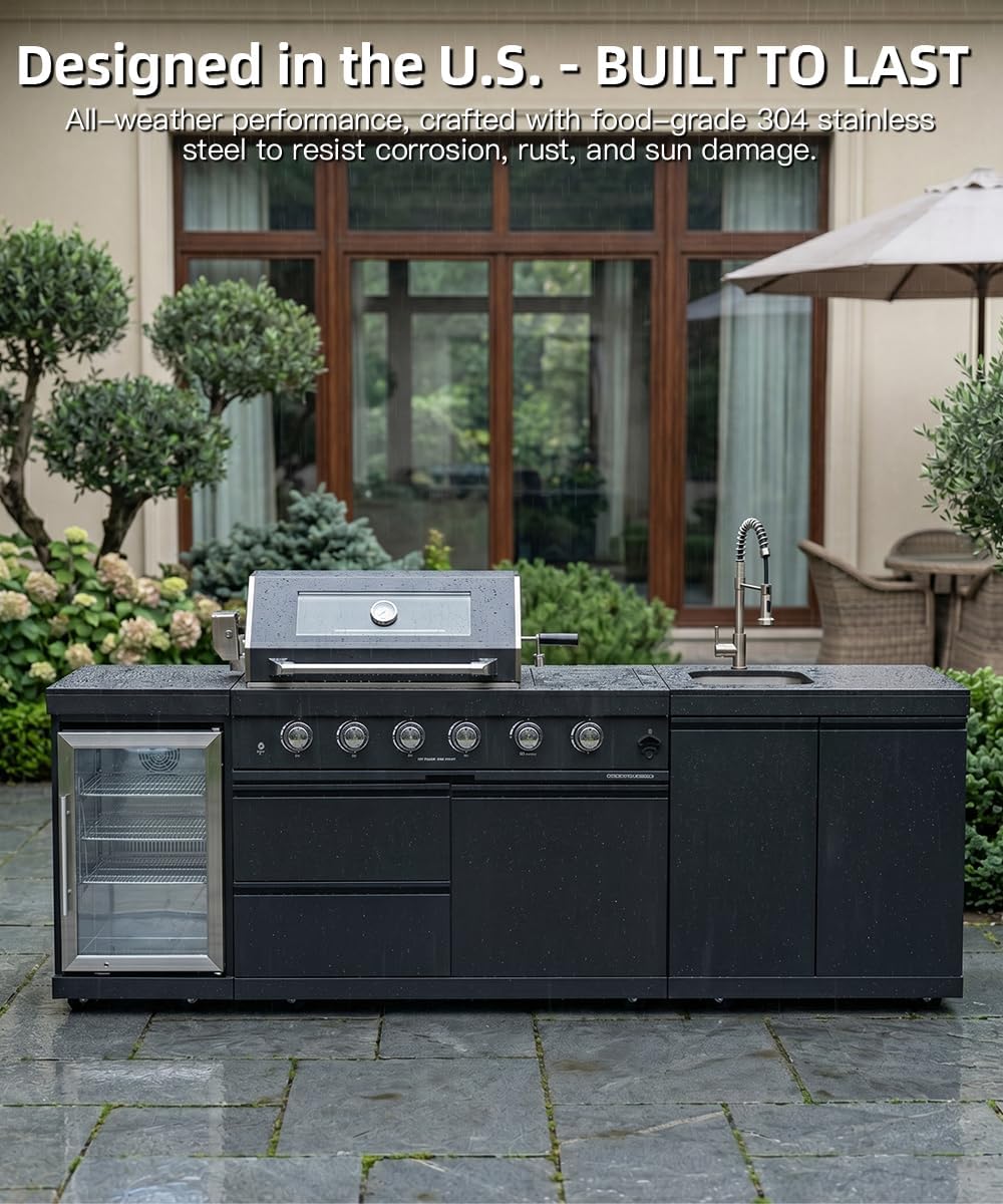 104" Outdoor Kitchen Island with Grill, Refrigerator & Rotisserie