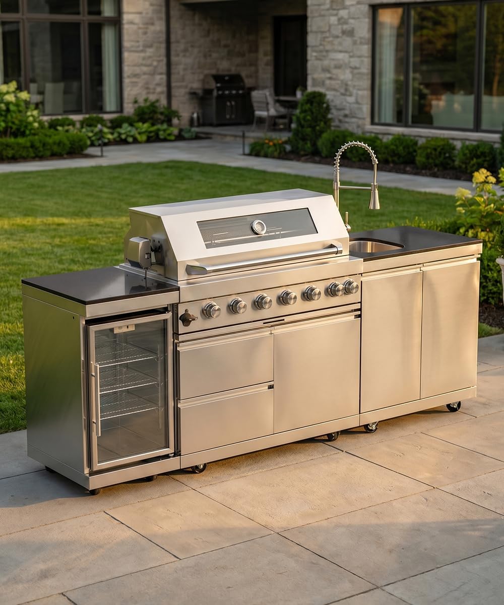 104" Outdoor Kitchen Island with Grill, Refrigerator & Rotisserie