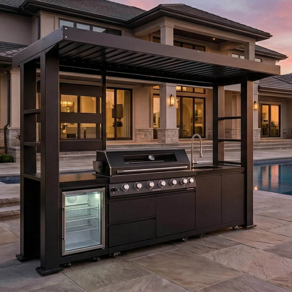 5-Burner Outdoor Kitchen Island with Refrigerator & Rotisserie
