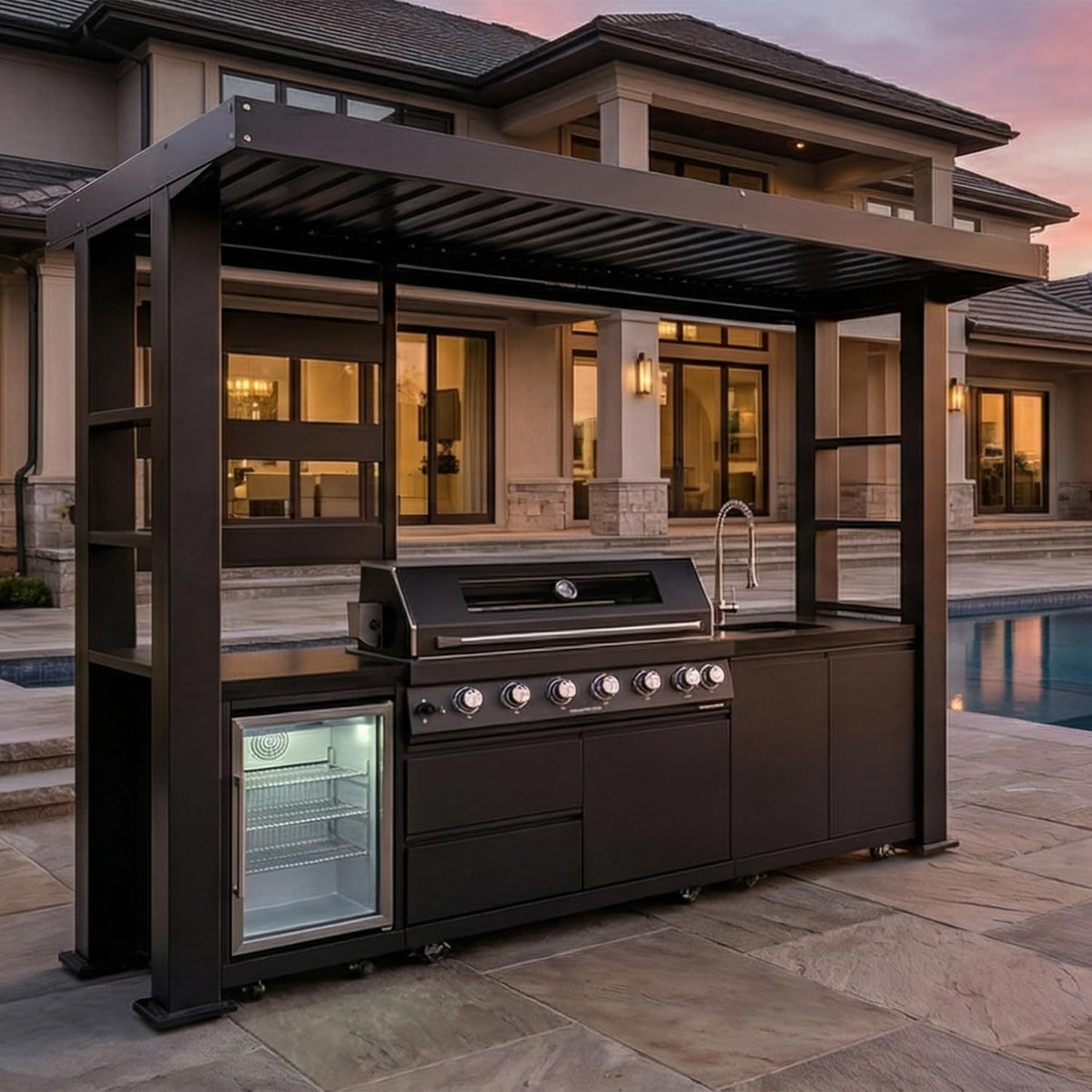 5-Burner Outdoor Kitchen Island with Refrigerator & Rotisserie