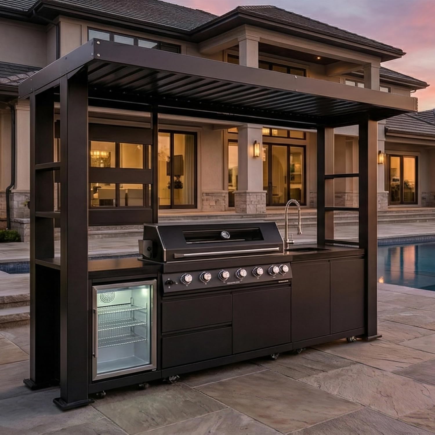 5-Burner Outdoor Kitchen Island with Refrigerator & Rotisserie