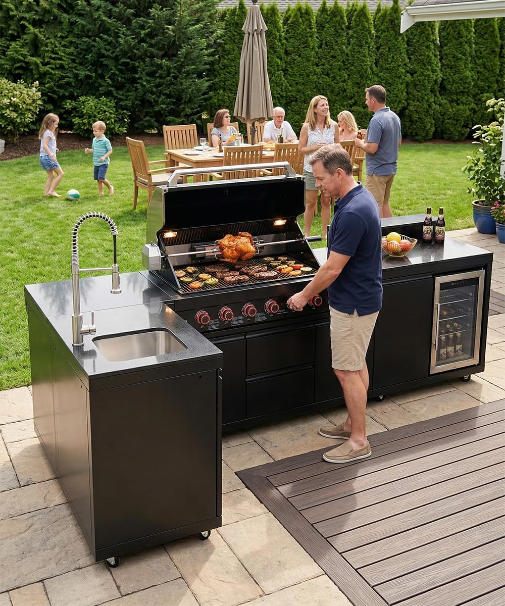 BBQ Outdoor Kitchen Island Grill Barbecue Modular Patio Kitchens Kits with Electric Rotisserie, Sink, fridge, and Burner for More than 15 People