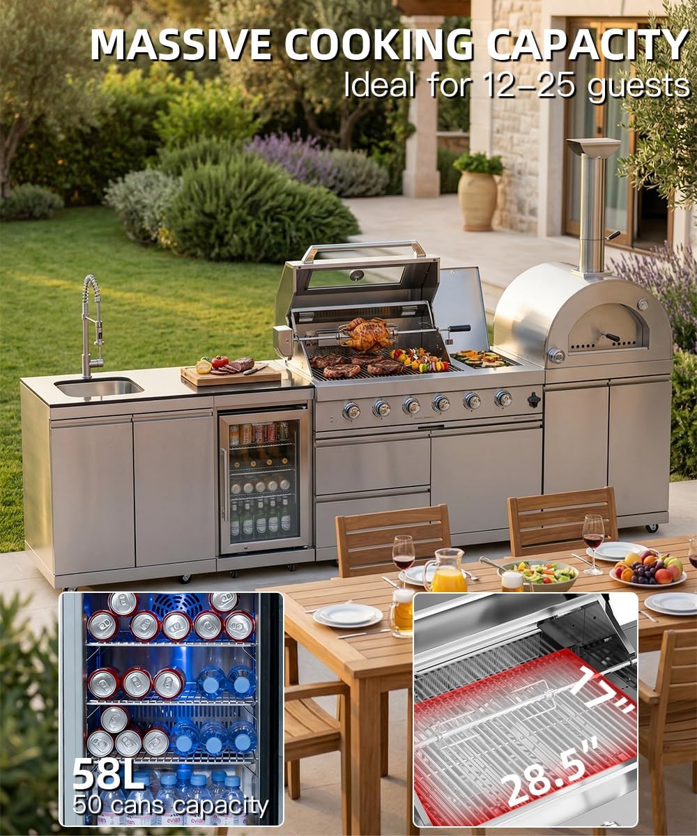 112" Outdoor Kitchen Island Kit with Pizza Oven & Refrigerator