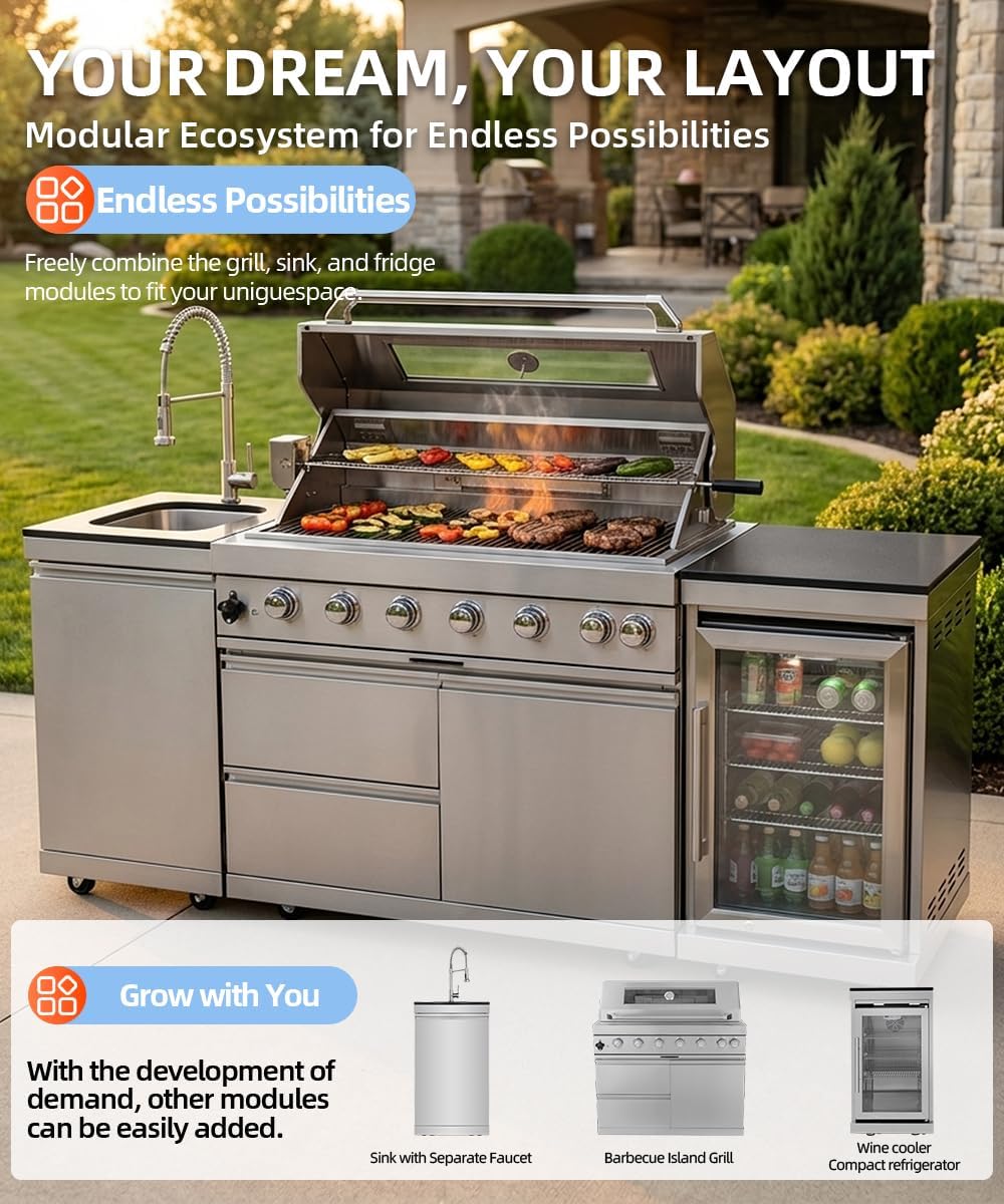 104" Outdoor Kitchen Island with Grill, Refrigerator & Rotisserie