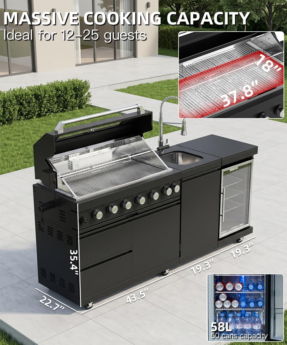 104" Outdoor Kitchen Island with Grill, Refrigerator & Rotisserie