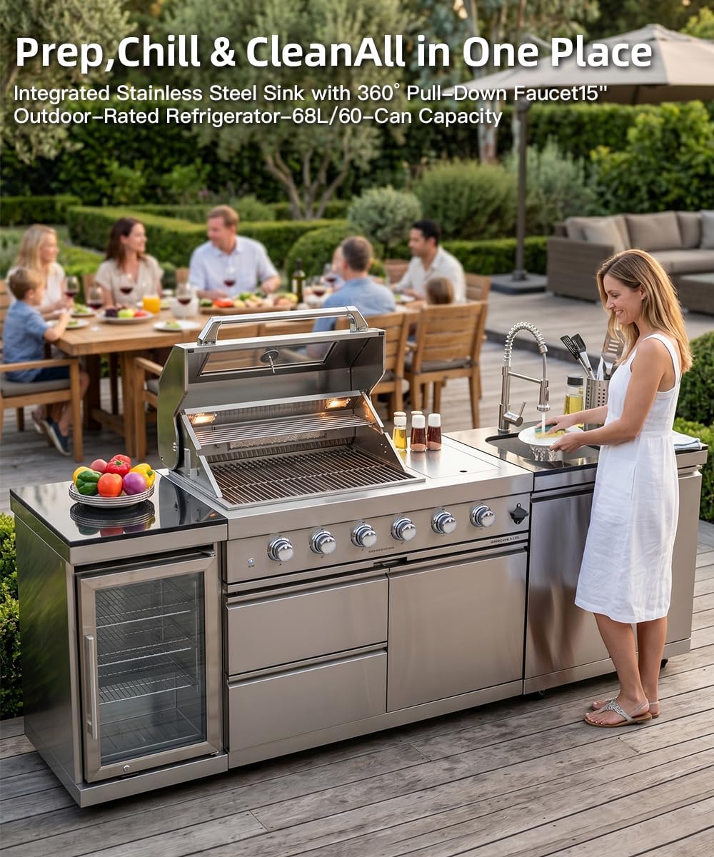 104" Outdoor Kitchen Island with Grill, Refrigerator & Rotisserie