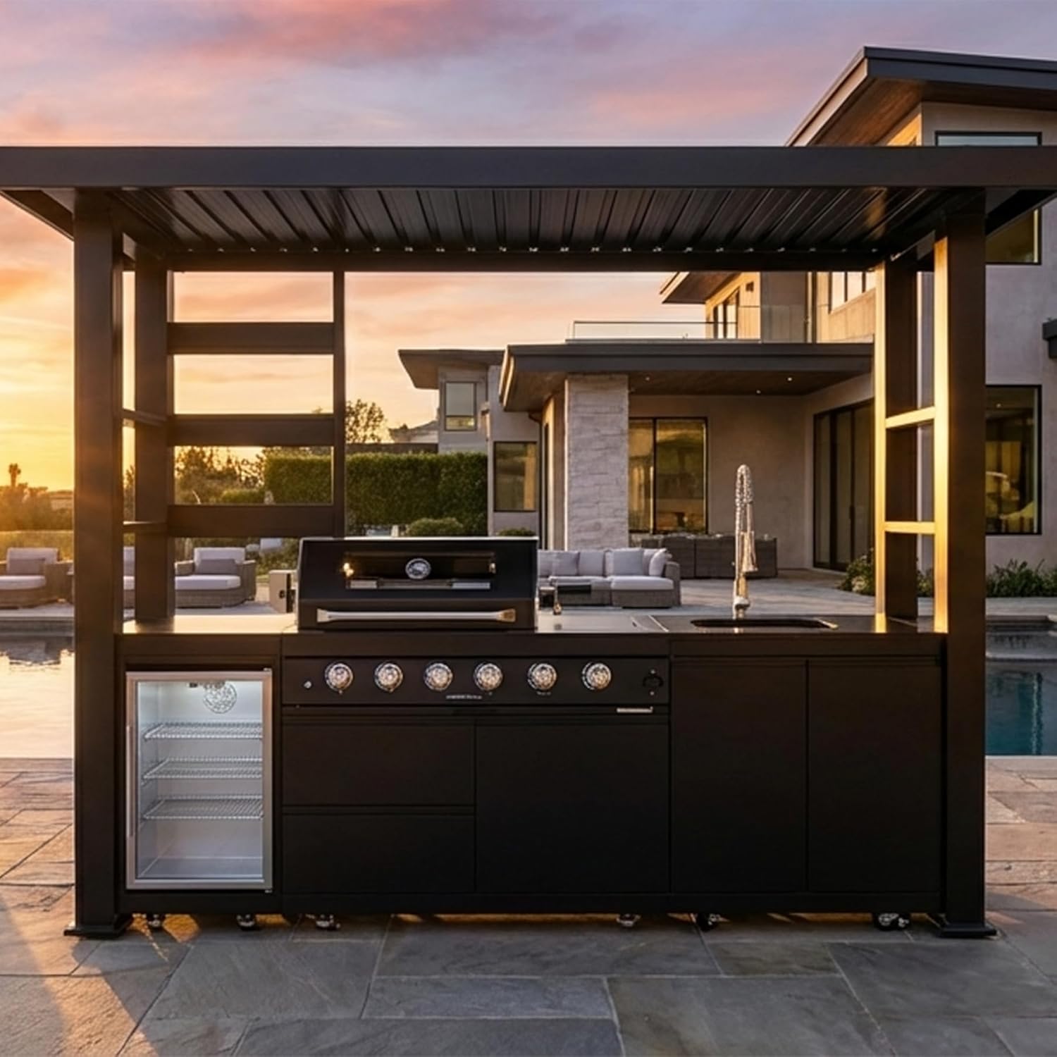 5-Burner Outdoor Kitchen Island with Refrigerator & Rotisserie