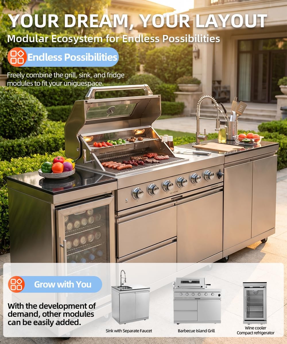 104" Outdoor Kitchen Island with Grill, Refrigerator & Rotisserie