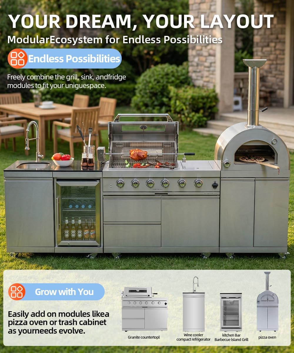 112" Outdoor Kitchen Island Kit with Pizza Oven & Refrigerator