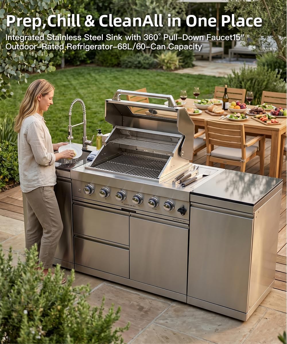 104" Outdoor Kitchen Island with Grill, Refrigerator & Rotisserie