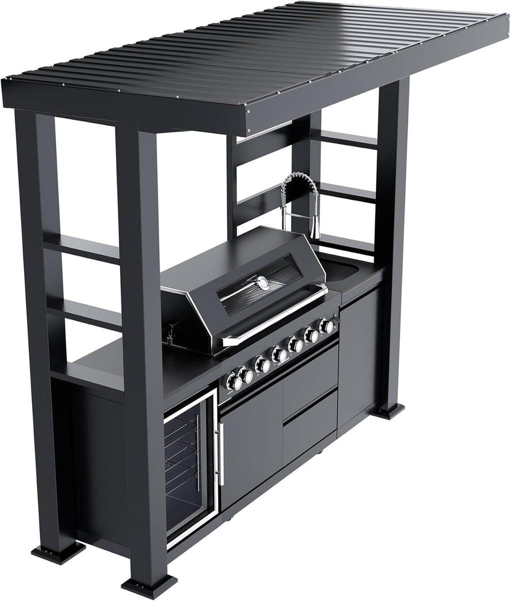 5-Burner Outdoor Kitchen Island with Refrigerator & Rotisserie