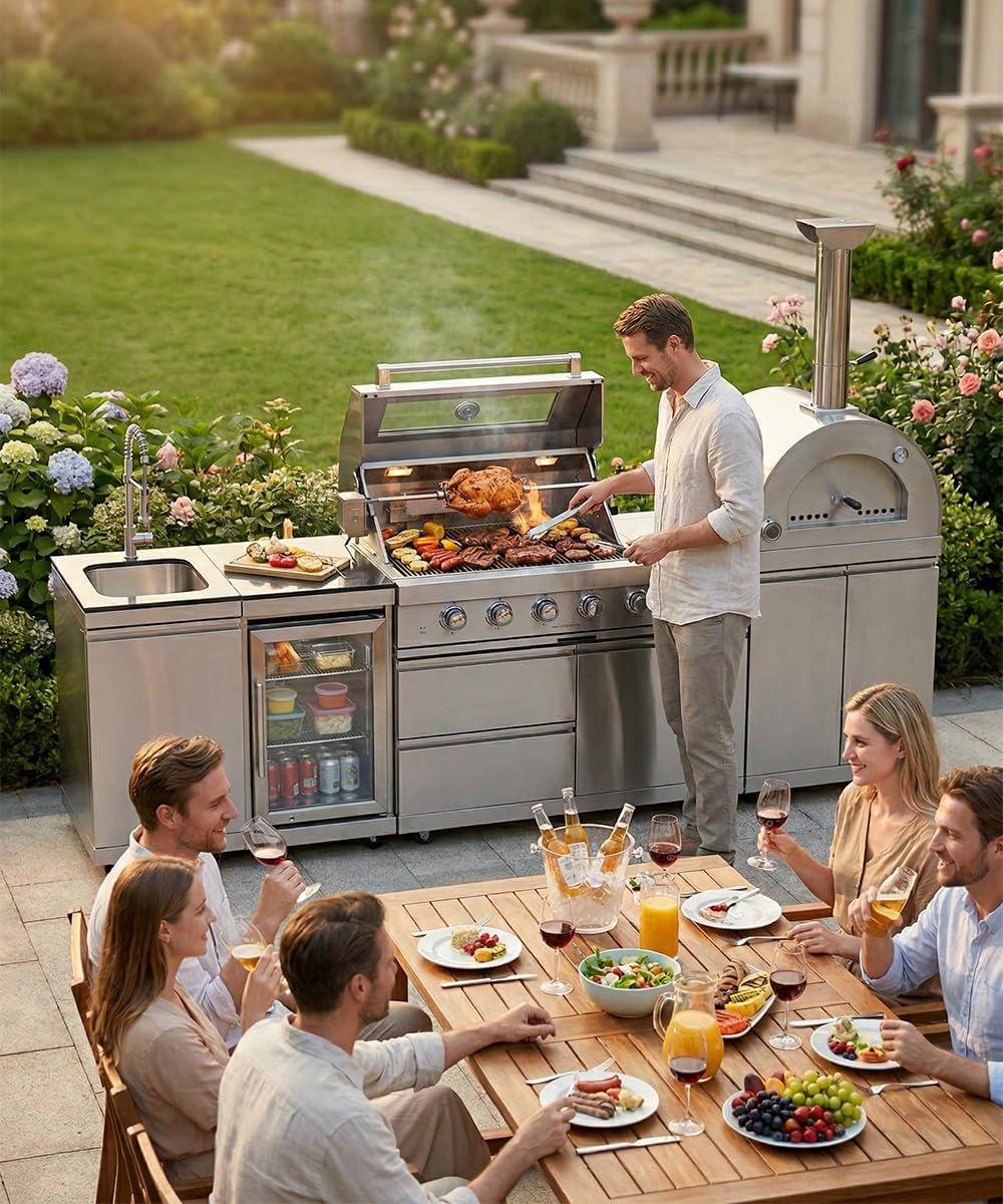 112" Outdoor Kitchen Island Kit with Pizza Oven & Refrigerator