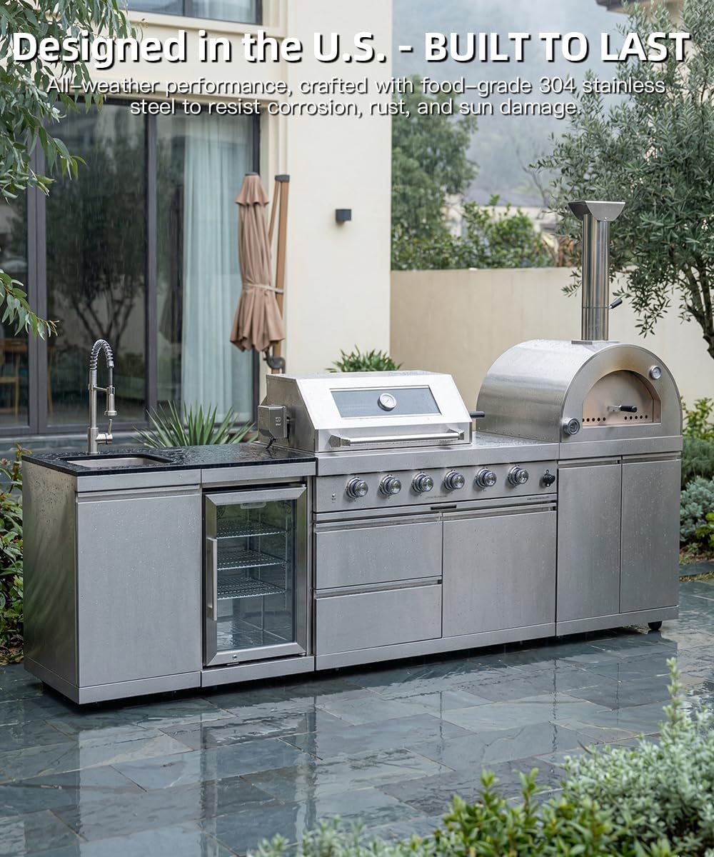 112" Outdoor Kitchen Island Kit with Pizza Oven & Refrigerator